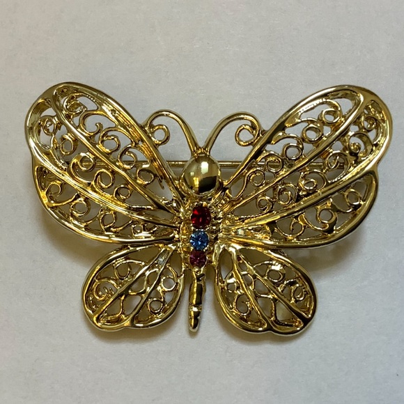 Danecraft Jeweled Gold Toned Butterfly Brooch - Picture 3 of 8